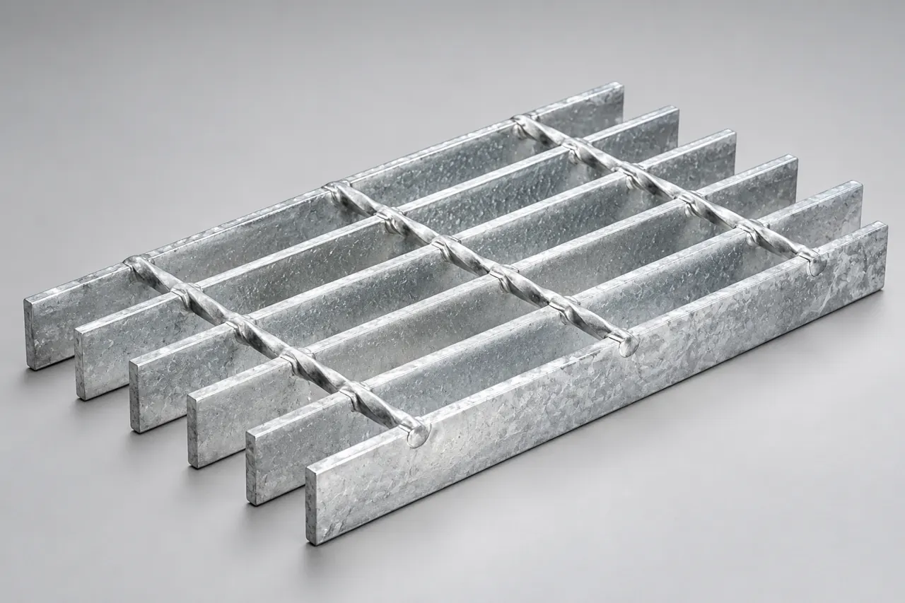 Galvanized grating panel sample showing zinc surface texture and clean panel edges