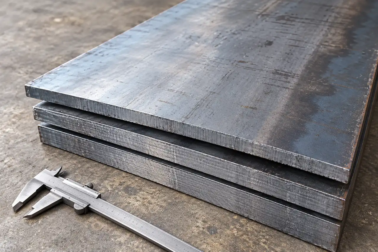 The edge and thickness of a hot-rolled steel plate on a bench