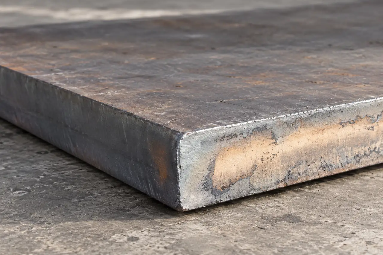 Close view of the solid cross section and cut edge of a thick steel-plate blank