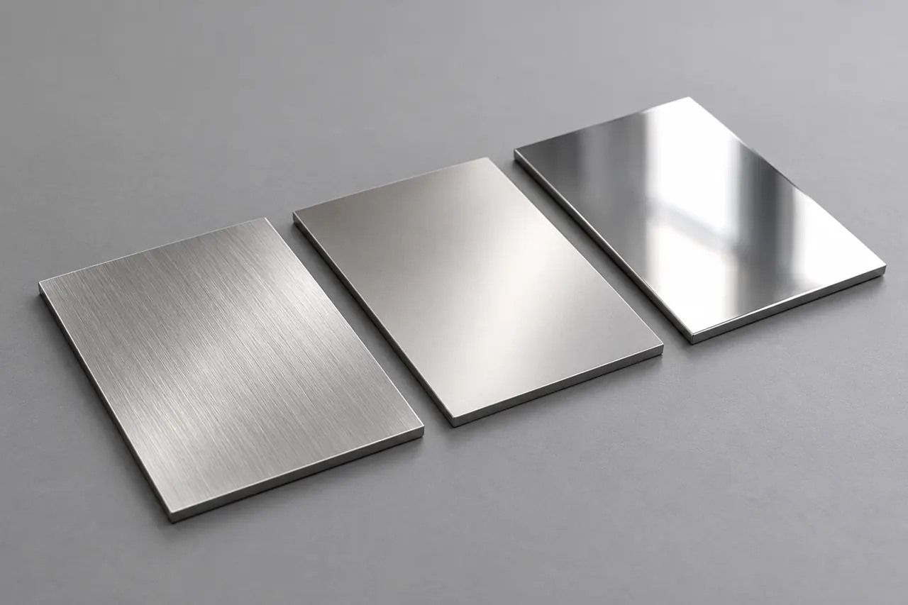 Separate stainless sheet surface coupons with subtle brushed and smooth reflections