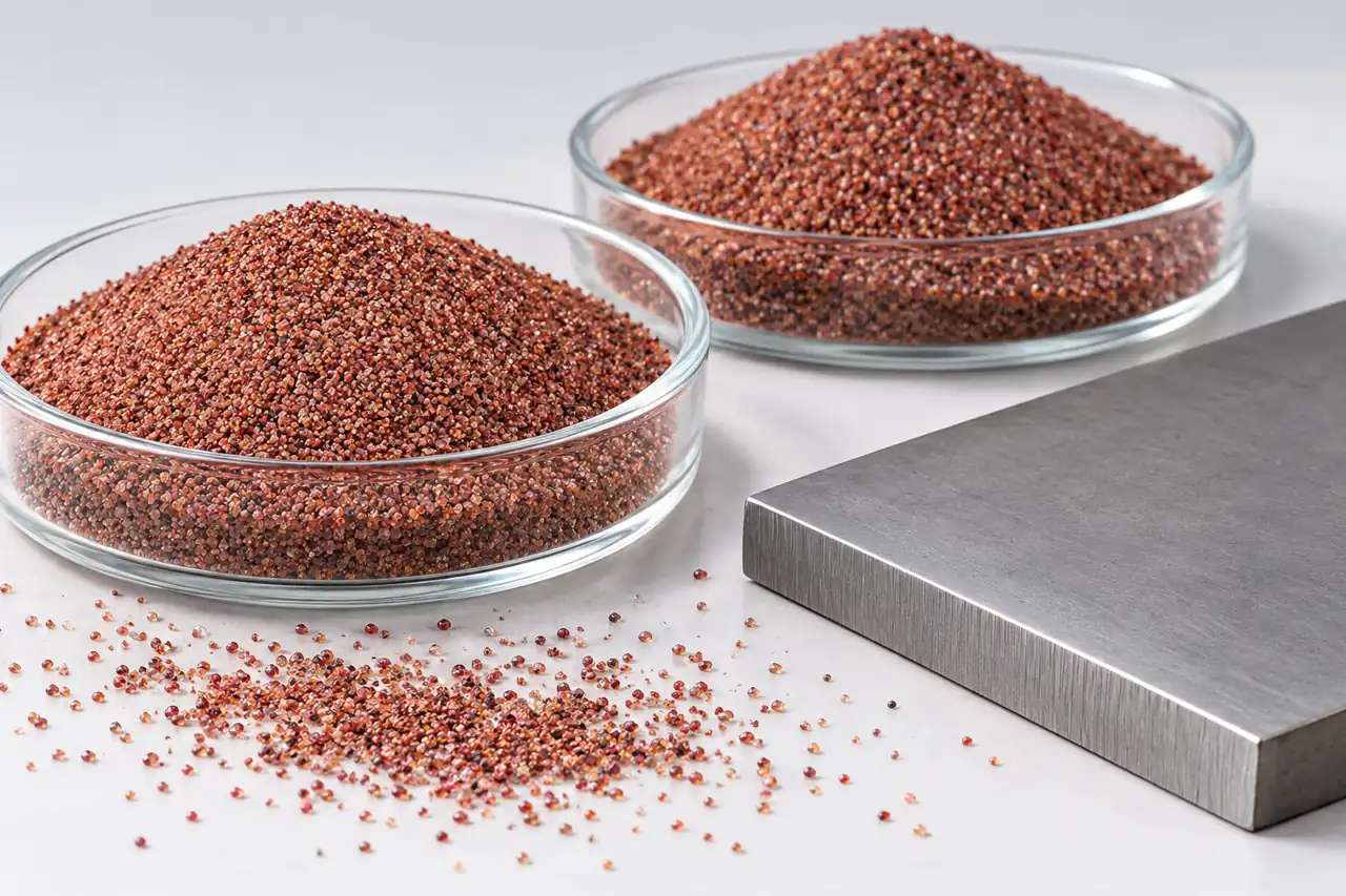 Separate garnet sample dishes beside a plain metal cut coupon