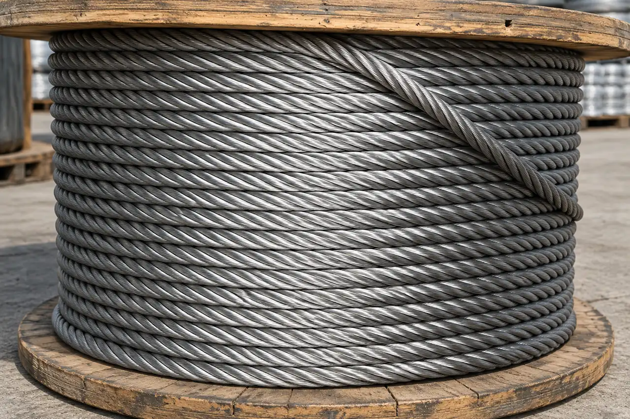 Galvanized steel wire rope wound on an unbranded reel