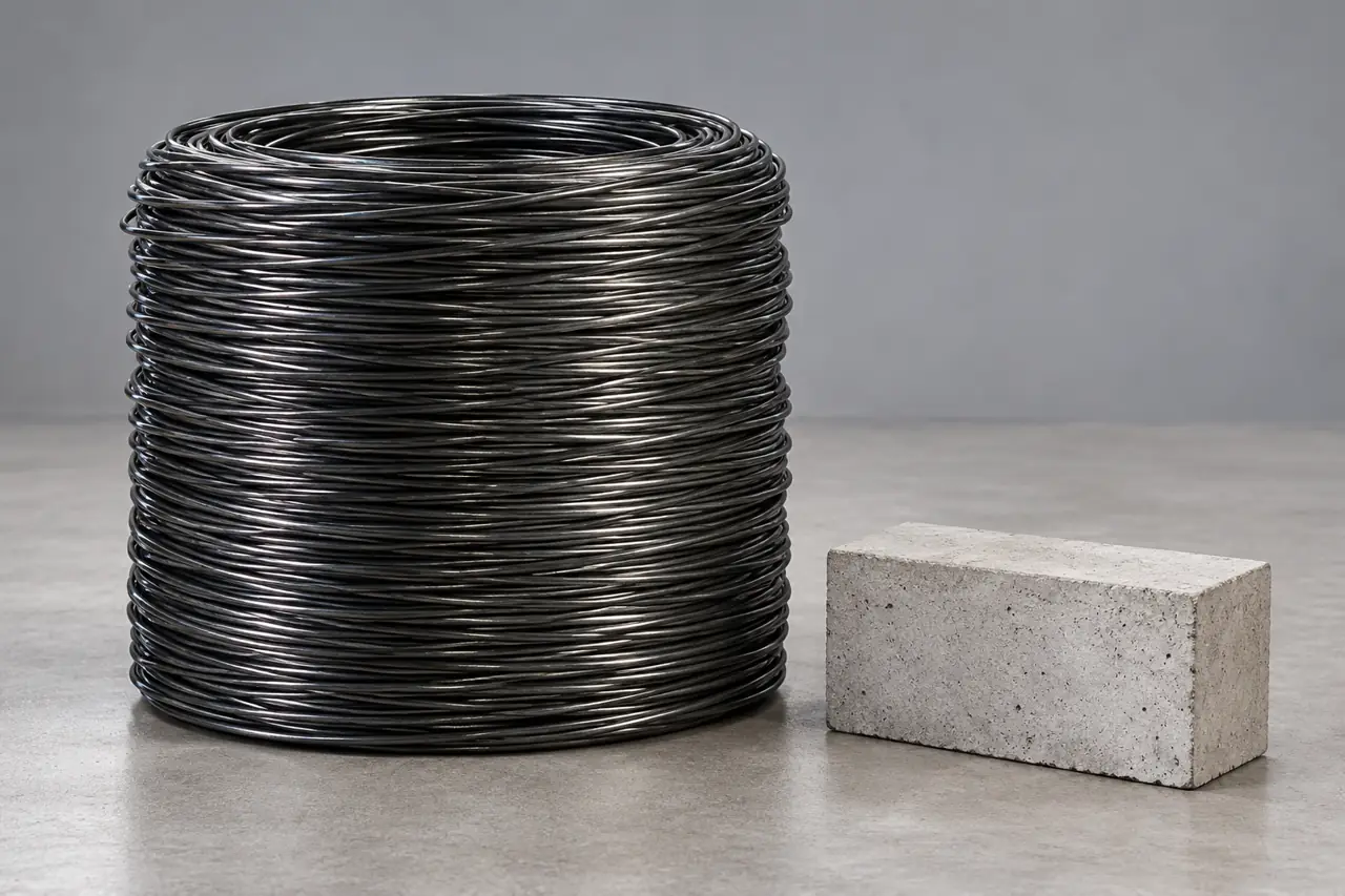 Single steel-wire coil and separate plain precast concrete specimen illustrating a controlled material trial