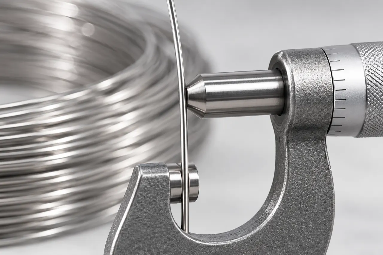 Stainless round wire and a micrometer on a neutral inspection table
