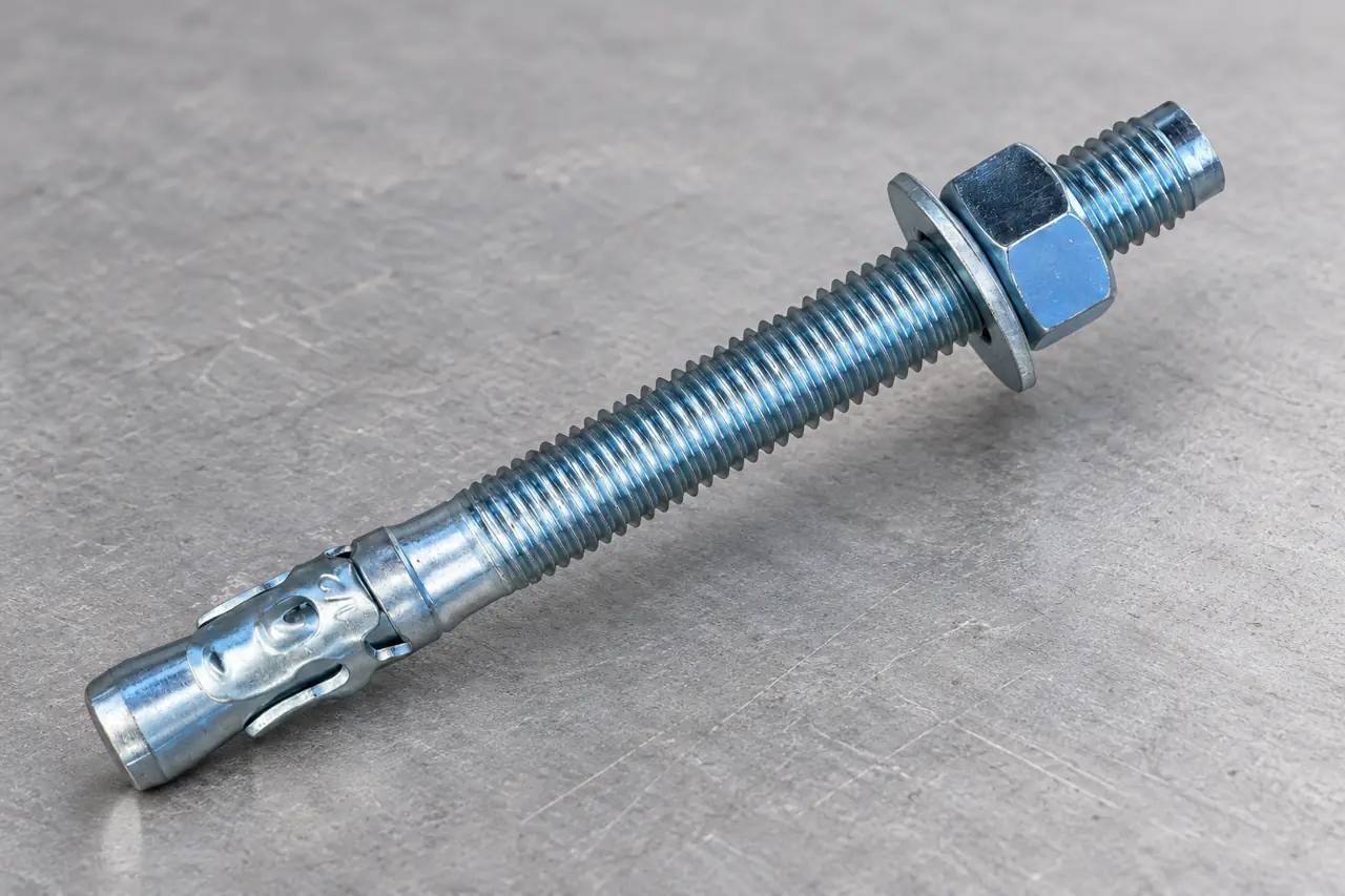 Close view of wedge-anchor threads, nut, washer and expansion end