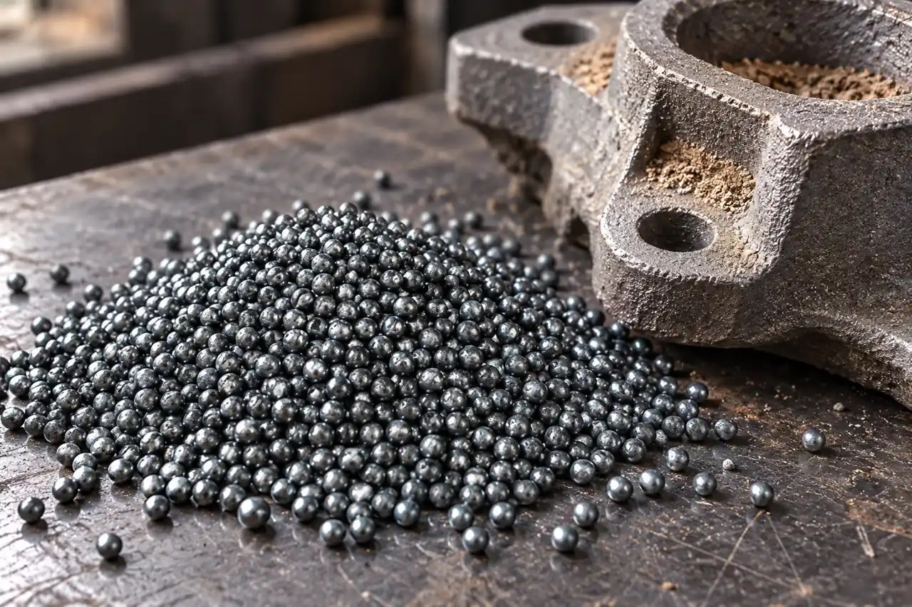 Cast-steel shot beside a rough sand casting on an industrial bench