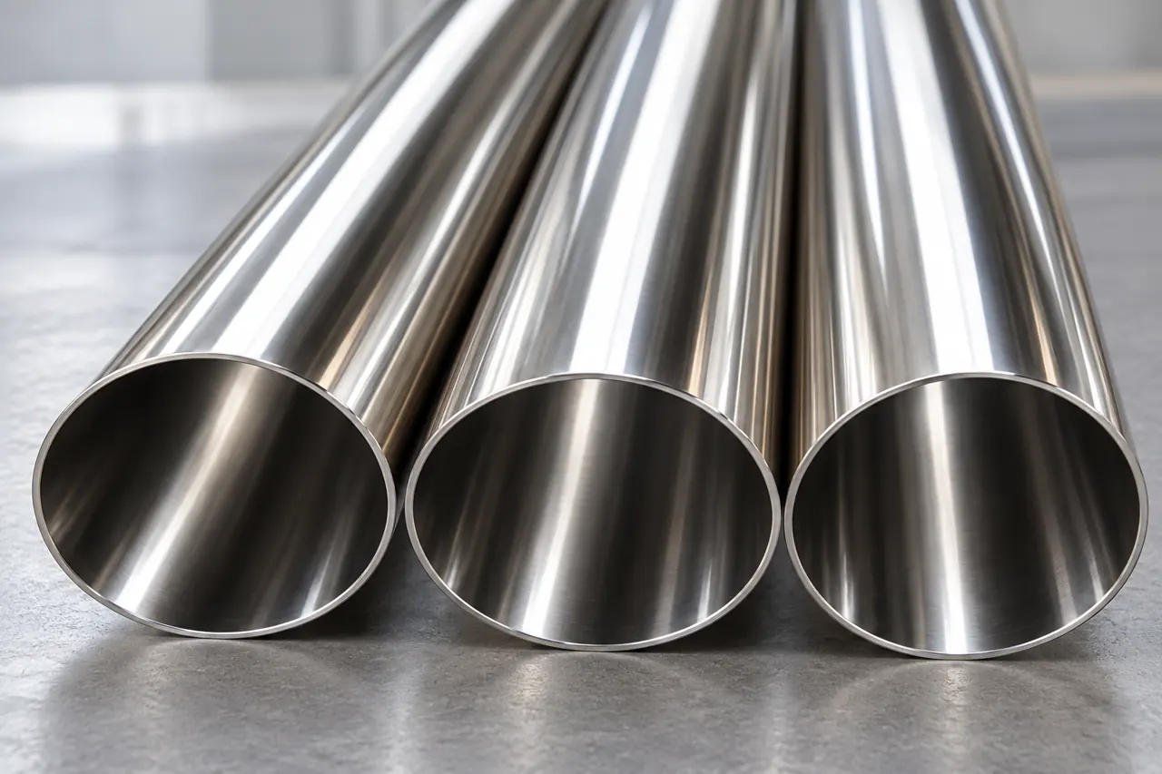 Open ends of polished stainless tube showing the bore for illustrative review
