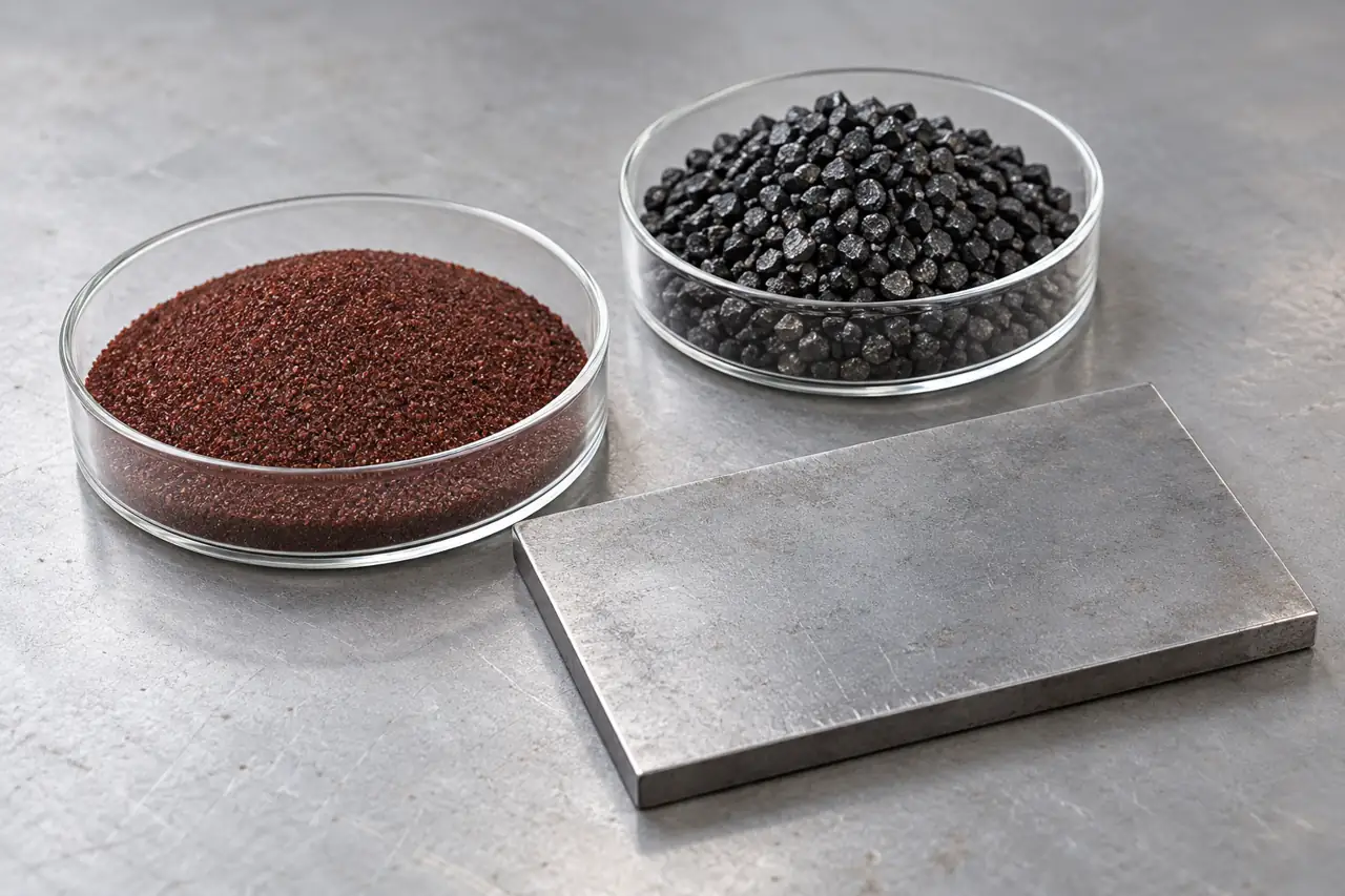 Plain steel plate beside mineral abrasive samples for trial planning