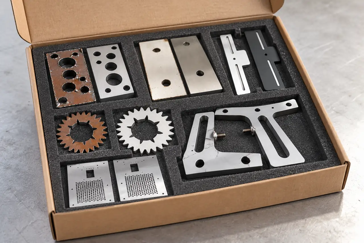 Protected laser-cut sample geometries in a plain box