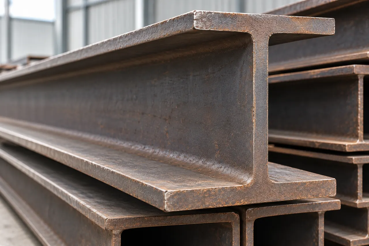 Close view of a steel beam web and flanges illustrating section geometry