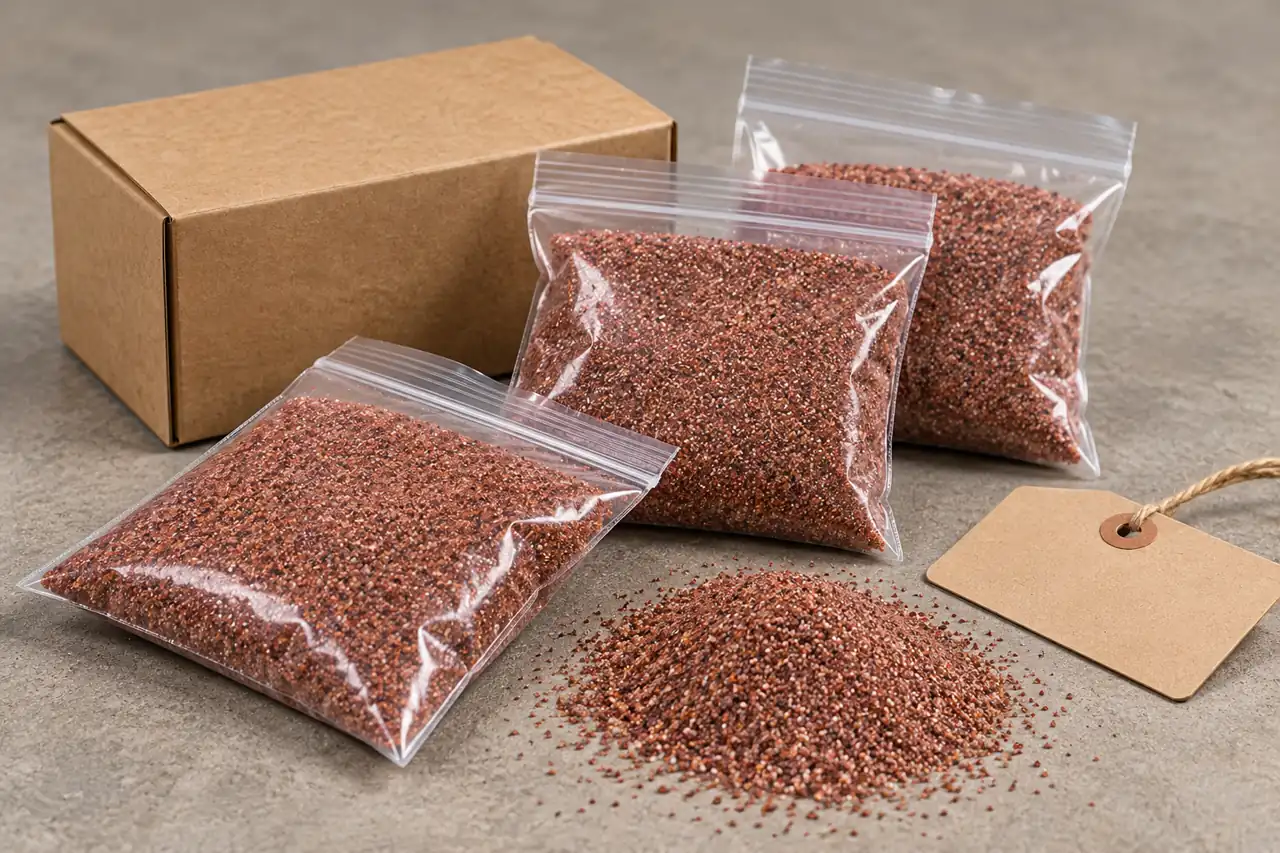 Sealed plain garnet sample bags and a labelled-holder packing illustration
