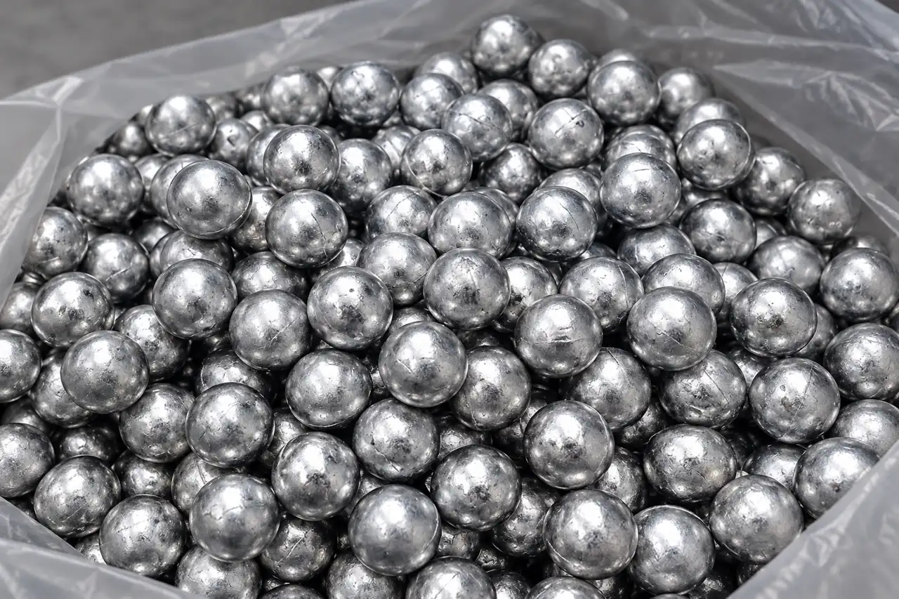 Close view of metallic zinc balls with representative size variation