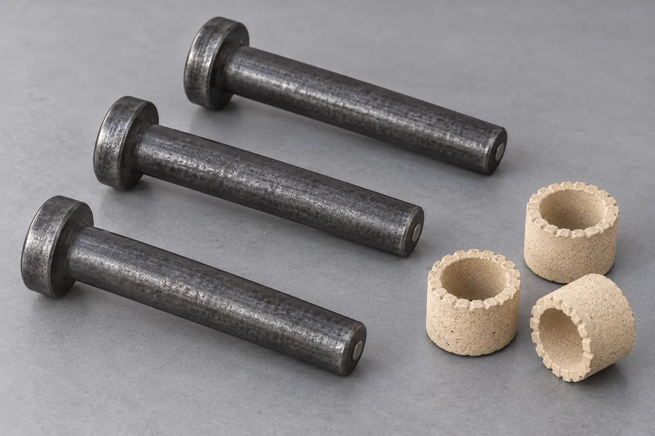 AI-assisted illustration of three bare cylindrical-head shear studs beside three separate empty ceramic ferrules