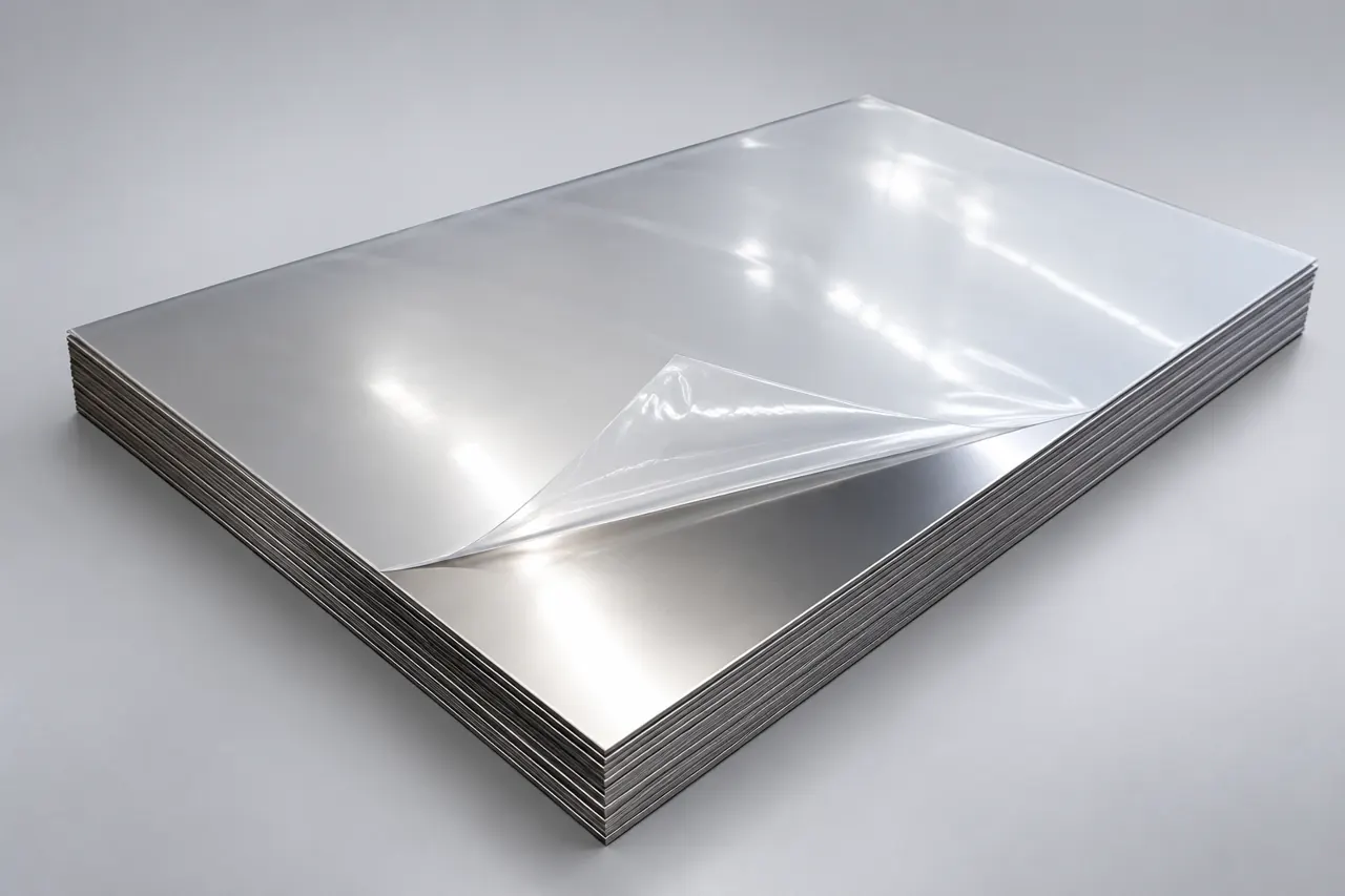 Stainless sheet stack with partially lifted plain protective film on the top sample