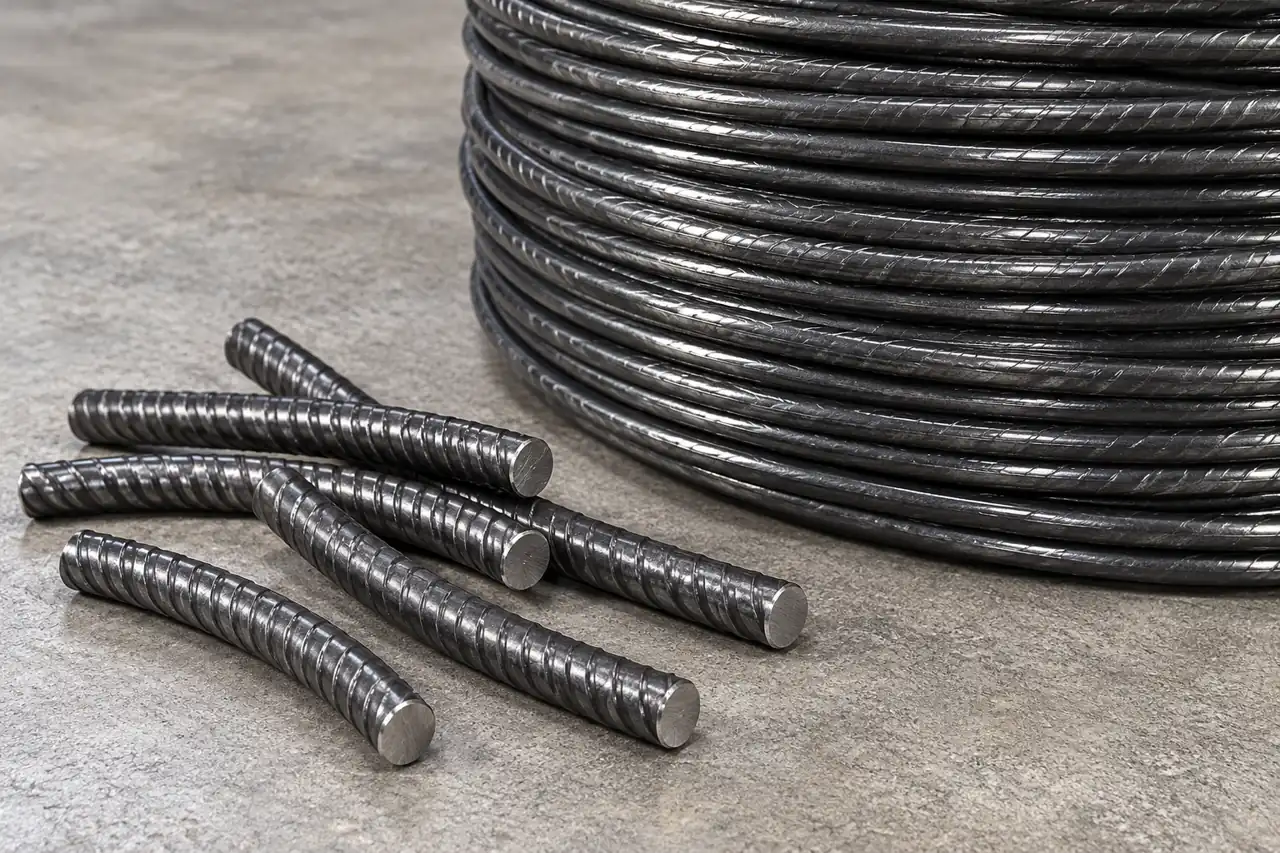 Solid single PC steel-wire samples beside a dark coiled wire bundle