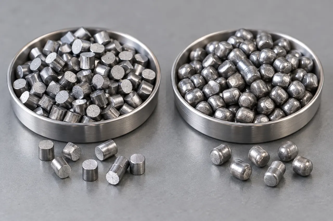 Cut-wire media samples with distinct cut-cylinder and rounded-edge particle forms in separate dishes