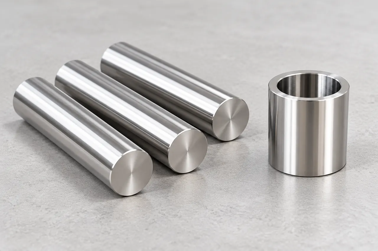 Stainless round-bar blanks beside a simple unbranded turned metal sleeve