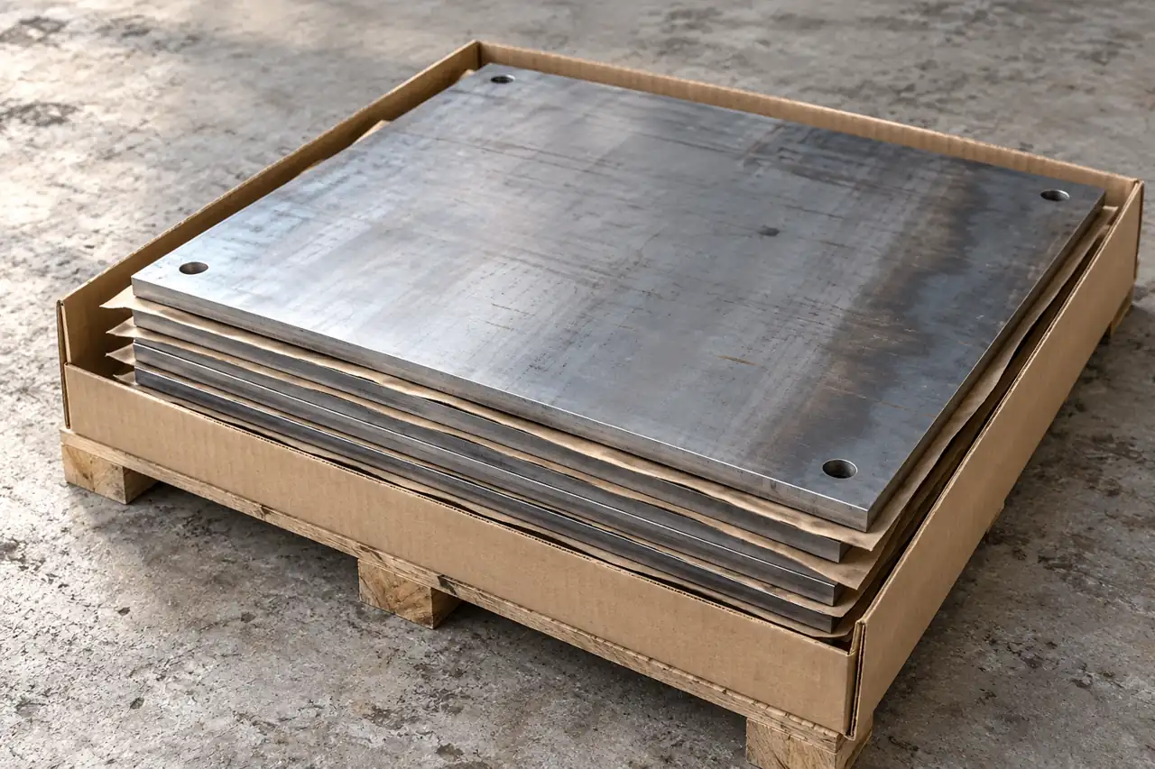Flat steel parts stacked with plain protective interleaves in a small packing arrangement