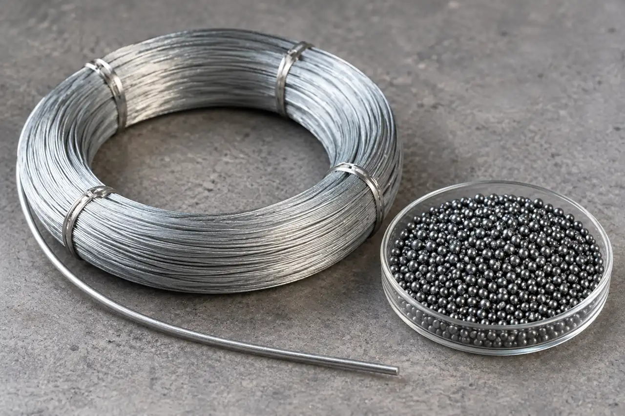A wire coil and a separate steel-shot dish illustrating product references
