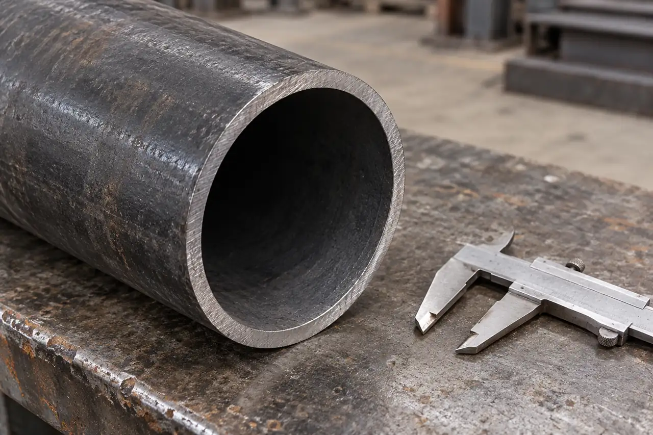 Close view of a carbon pipe end and wall section illustrating dimensional review