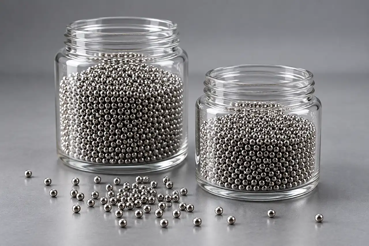 Unmarked retained conductive steel-ball sample jars kept separately on a clean bench
