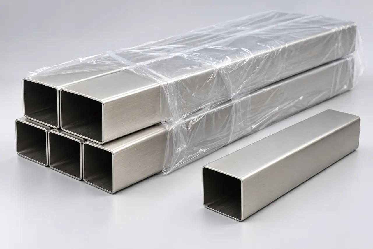 Wrapped stainless rectangular tube bundle with a separate retained finish coupon