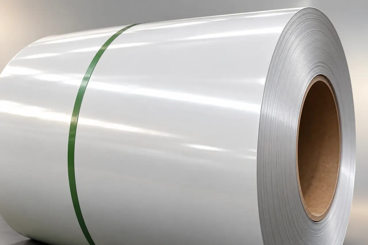 Close view of coated steel coil face and sheet layers