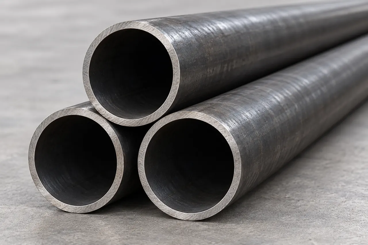 Close view of black steel tube ends and longitudinal welded-tube surfaces