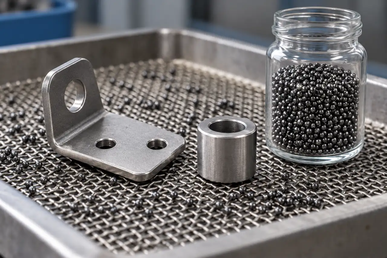 Small steel components on a mesh tray beside a retained media sample