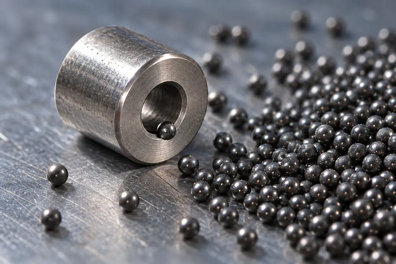 Illustration of a media particle near the bore of a small steel spacer