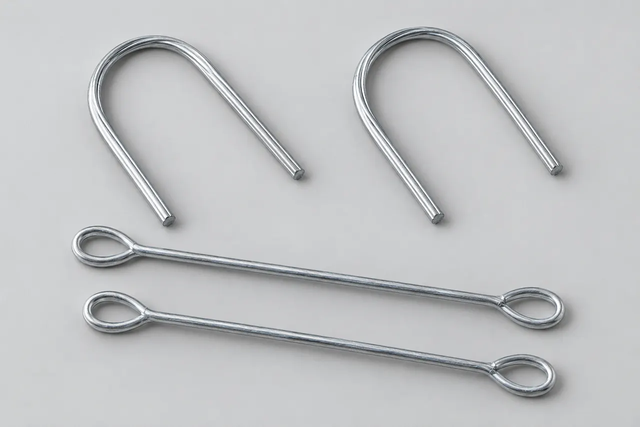 U-shaped and loop-ended galvanized ties laid out separately to show end geometry