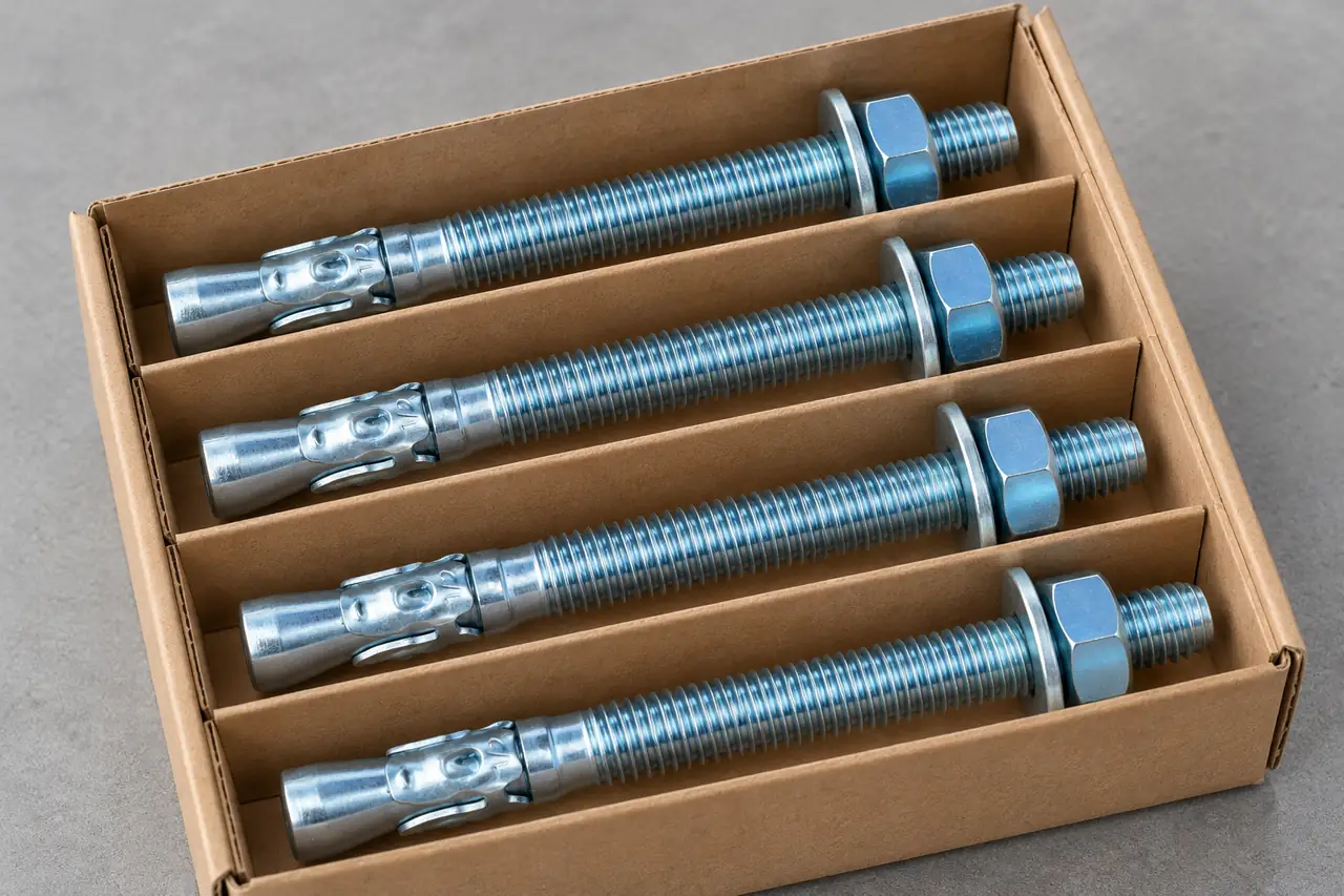 Wedge-anchor assemblies individually separated in a cardboard carton