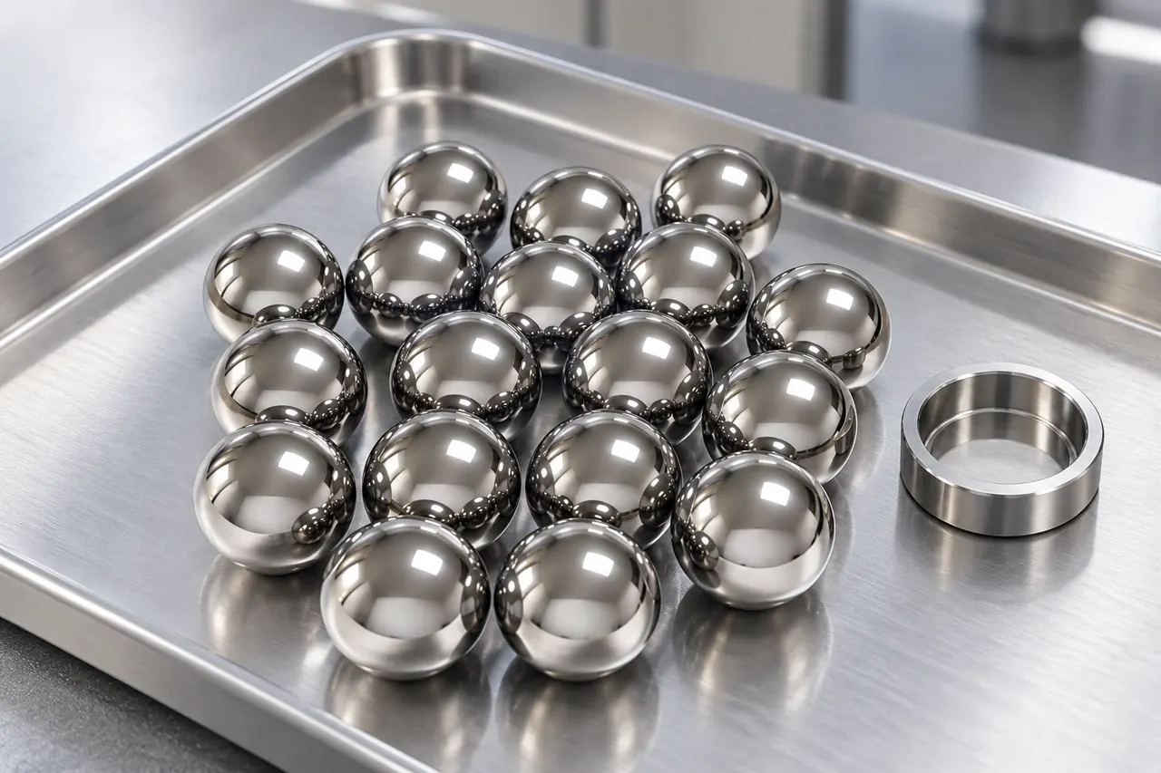 Stainless ball samples on a clean inspection tray beside a plain mechanical seat