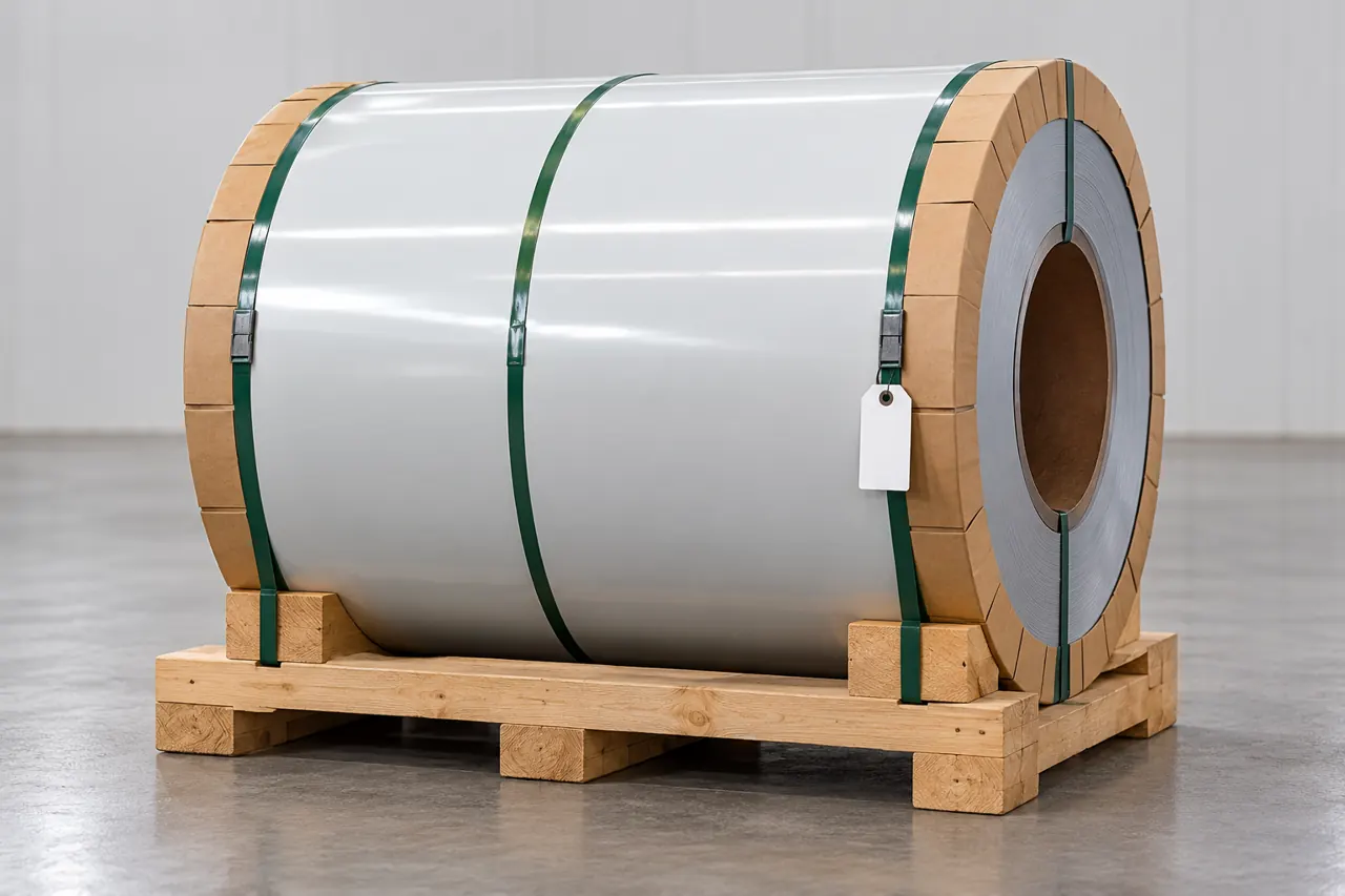 Banded painted steel coil with protected edges on a timber cradle