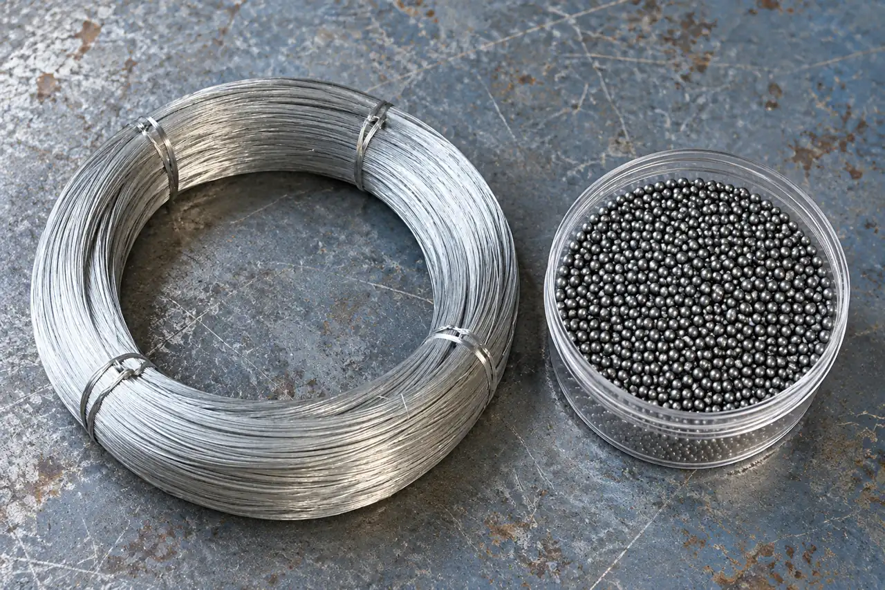Separate wire and abrasive samples on a plain bench illustrating a specification discussion