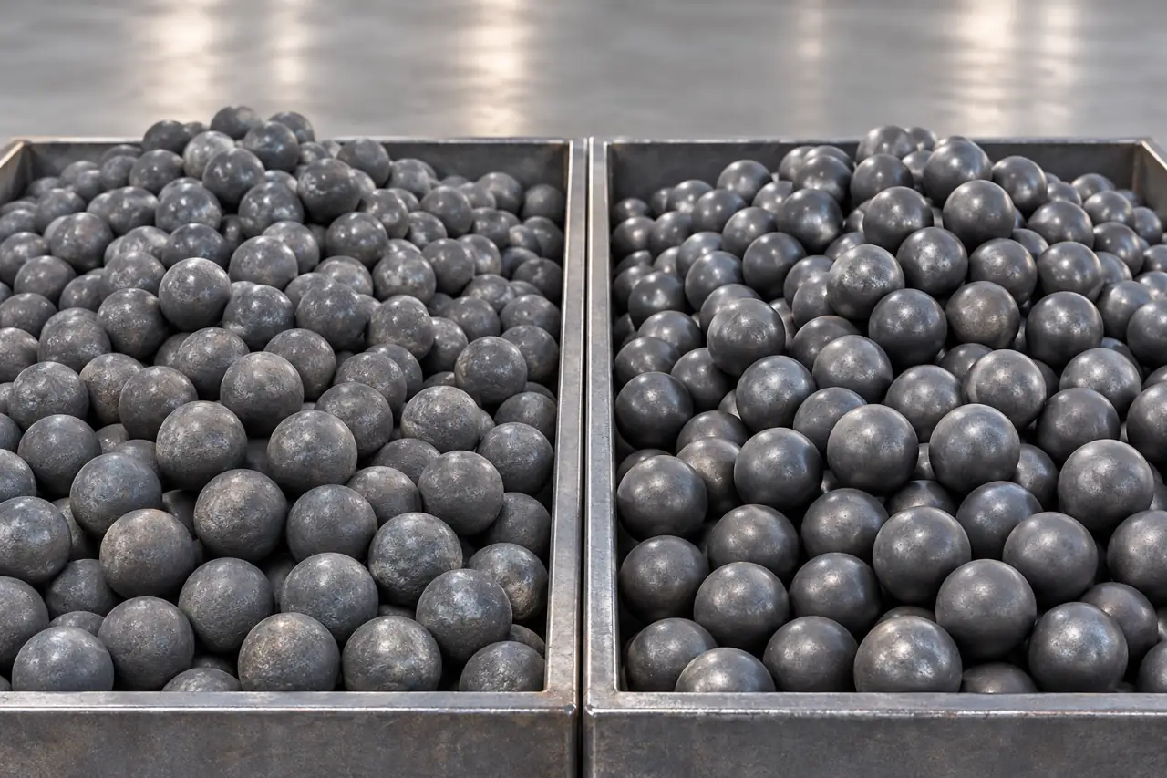 Two separate trays of dark steel grinding media