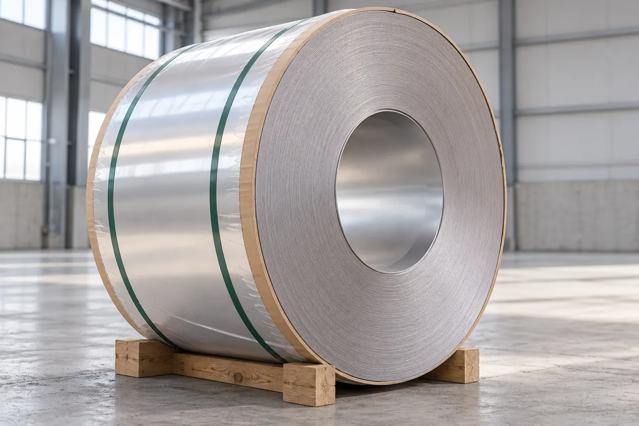 Aluminium coil with plain protective wrapping and edge protection