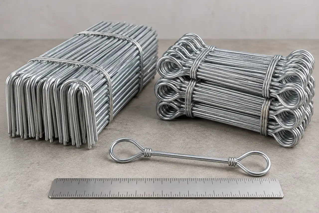 Neatly bundled finished galvanized ties and a retained loose sample beside a ruler