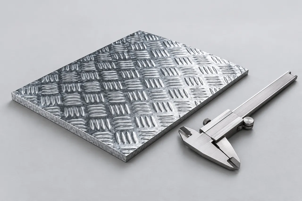 Retained chequered steel sample with a plain caliper and a visible plate edge