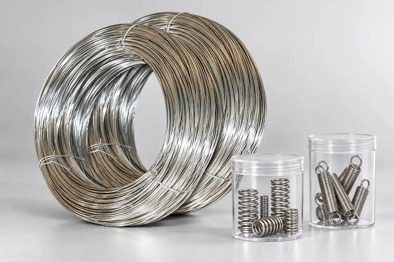 An unmarked stainless-wire coil with separate retained spring samples in clear containers