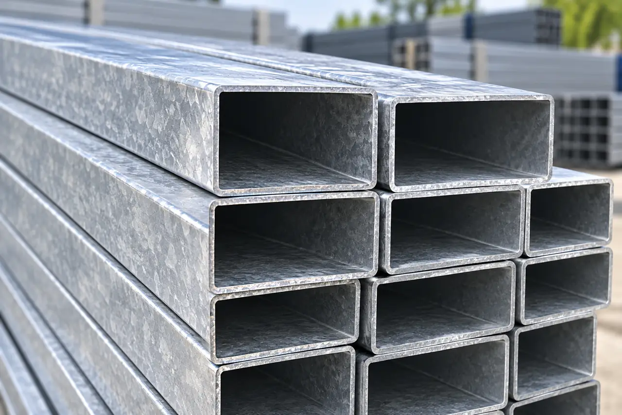 Close view of galvanized rectangular tube ends and walls