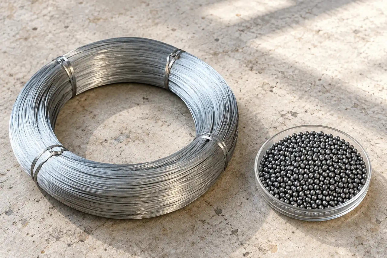 Steel wire and steel-shot samples illustrating the core product scope