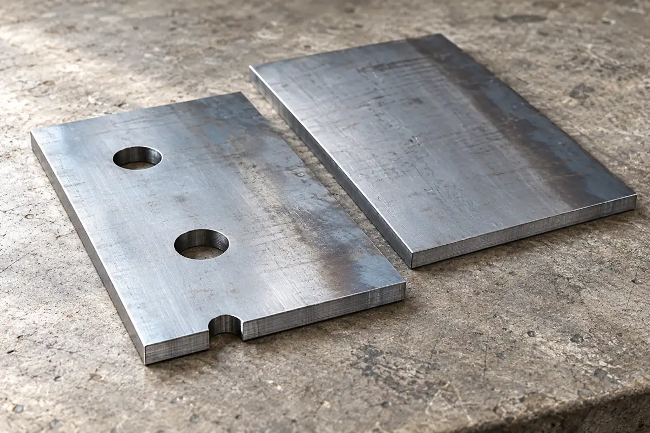 Steel-sheet blanks with holes and a small profile notch illustrating feature requirements