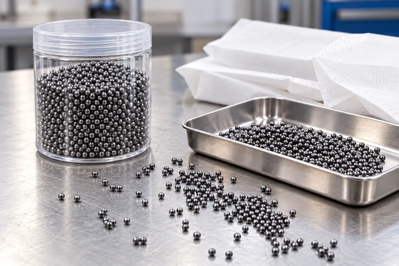 A closed stainless-shot sample container and separate sample tray