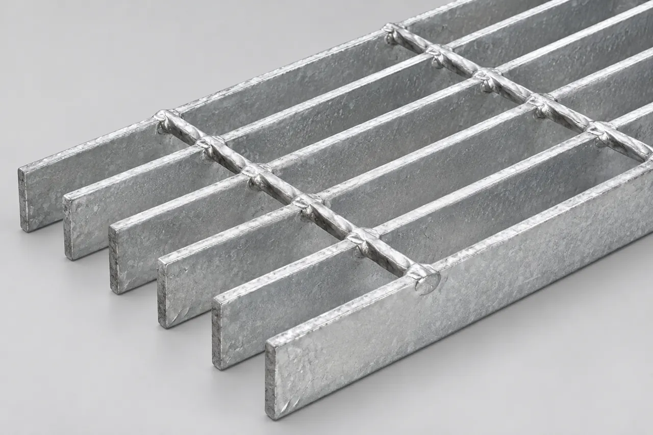 Close view of galvanized grating bearing bars and connecting cross bars
