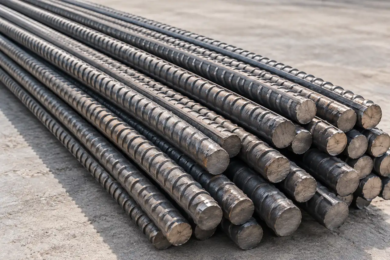 Close view of reinforcing-bar ribs and cut ends