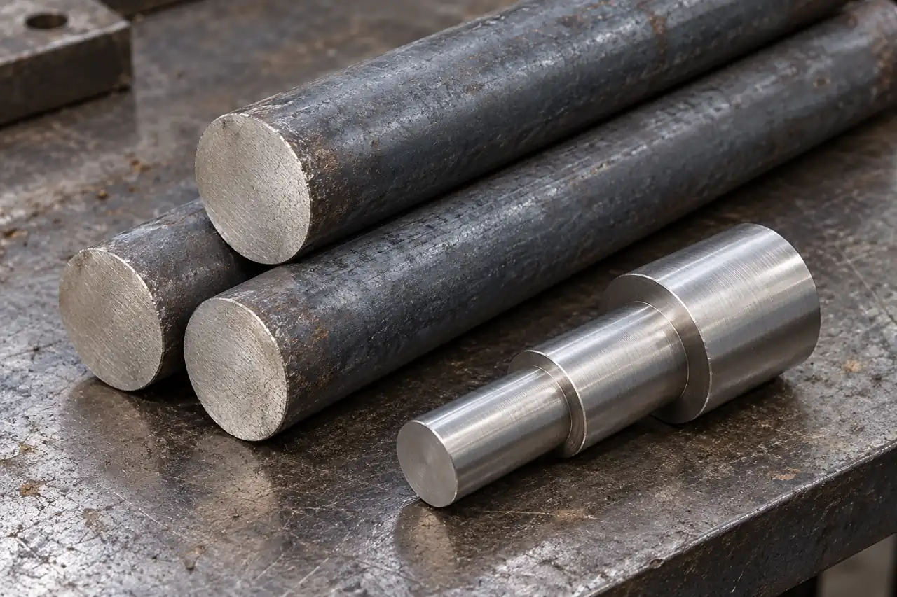 Carbon-steel round-bar blanks beside a simple turned cylindrical sample