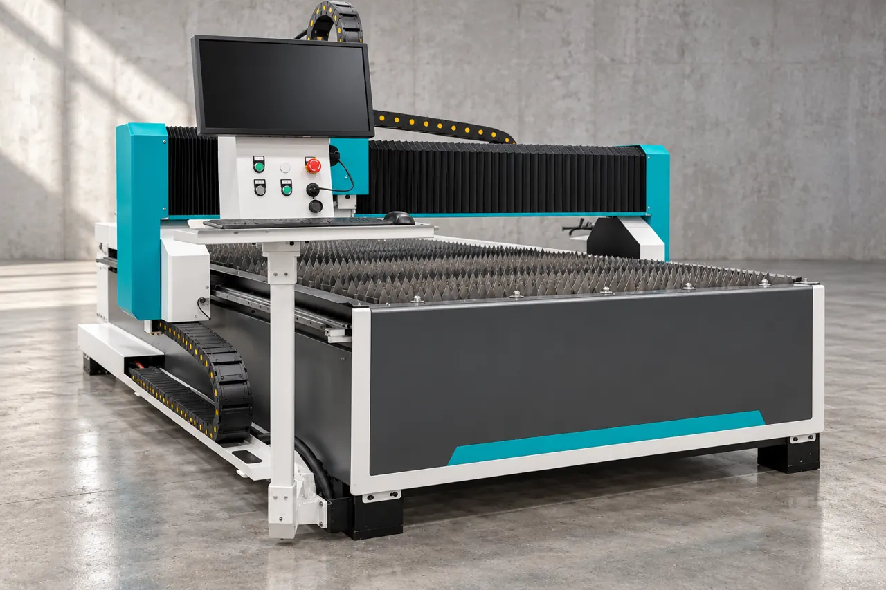 A reference-based illustration of the catalogue's open-bed fibre-laser machine