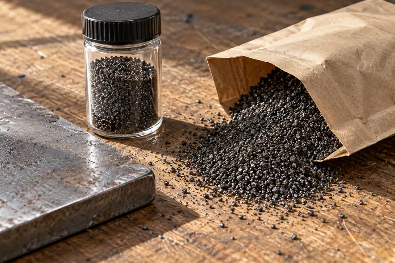 A sample pouch and vial of steel grit beside a steel plate edge