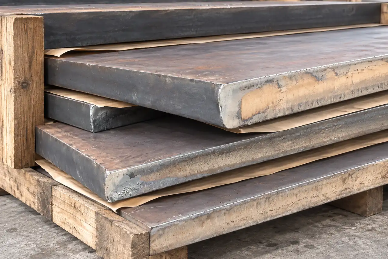 Thick rectangular plate blanks supported on a timber packing base with plain separators